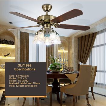 52" Ceiling Fan Light Bronze 5 Glass Lights + 4 Wood Blades + 3 Speeds