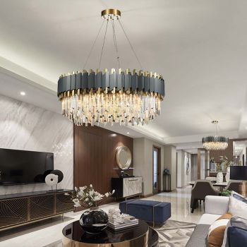 WDW® Dark Carbon and Gold Postmodern Pendant Chandelier Genuine K9 Crystal Metal Body 8/12/16 Bulbs (E14)