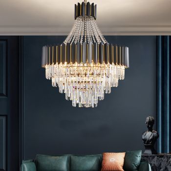 WDW® Dark Carbon and Gold Postmodern Pendant Chandelier Genuine K9 Crystal Metal Body 11/17/22 Bulbs (E14)