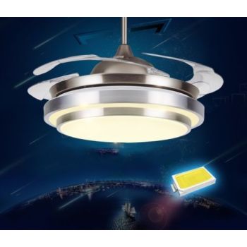 Silver White RETRACTABLE BLADE Folding Ceiling Fan 3 LED Light Colours Remote Ctrl
