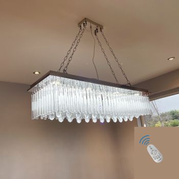 Genuine K9 Crystal LED Rectangular Pendant Dinning Ceiling Light Chandelier Dimmable + 3 Colours + Remote Control