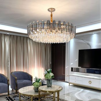 WDW Grey + Clear Crystal Gold Metal Postmodern Chandelier Genuine K9 Crystal 10/18 Bulbs (E14)