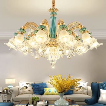 Chandelier Genuine K9 Crystal Blue Ceramic Gold Metal Arms Pendant Ceiling Lamp