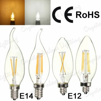 6 x E14/ 2W/4W Day/Warm Edison Filament LED Candle Bulbs - BULLET/BENT TOP
