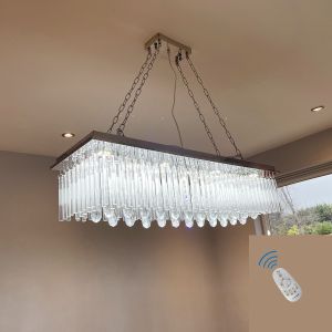 Genuine K9 Crystal LED Rectangular Pendant Dining Ceiling Light Chandelier Dimmable + 3 Colours + Remote Control