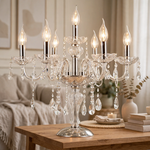 Genuine K9 Crystal Clear Silver 5/7 Arms Chandelier Table  lamp