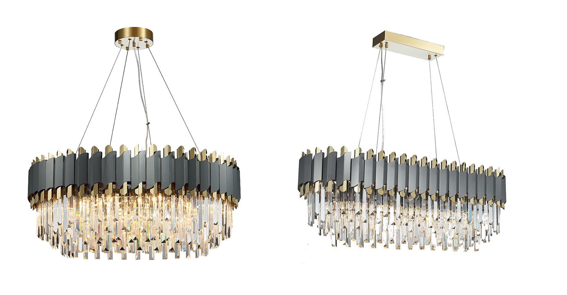 WDW Dark Carbon and Gold Postmodern Pendant Chandelier Genuine K9 Crystal Metal Body 8/12/16 Bulbs (E14)